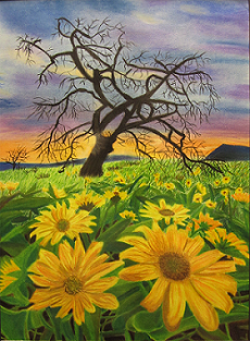 Drawing of sunflowers and a wilted tree